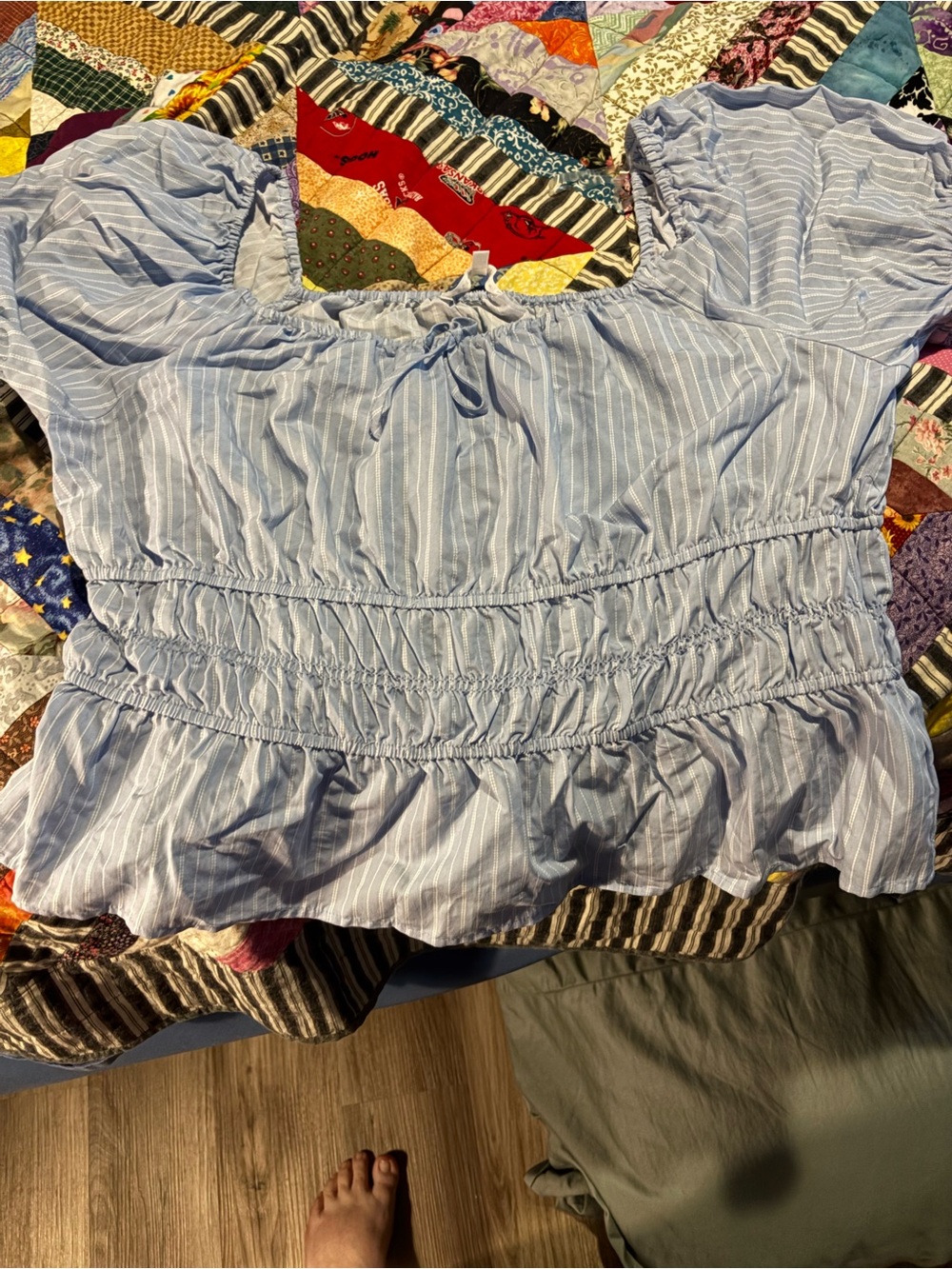 Celebrity Pink Light Blue Striped Smocked Crop Top